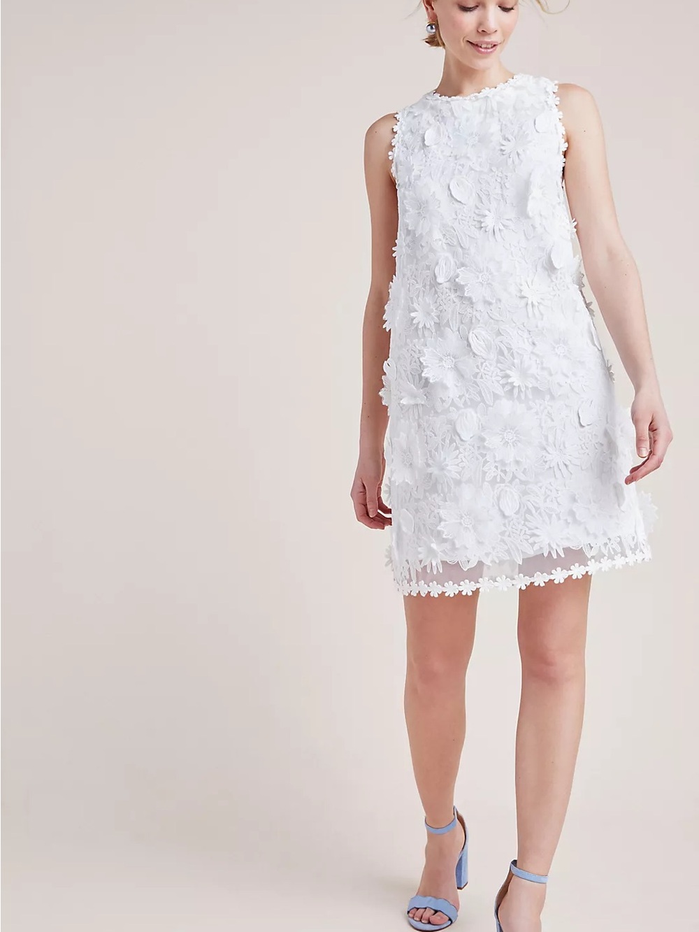 Anthropologie Eri + Ali Size Medium Daisy White Lace Shift Dress Sleeveless 3D
